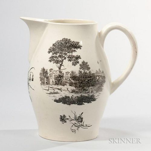Wedgwood Queen's Ware Jug, England, late 18th century, black transfer-printed hunting scenes to either side, a floral bouquet