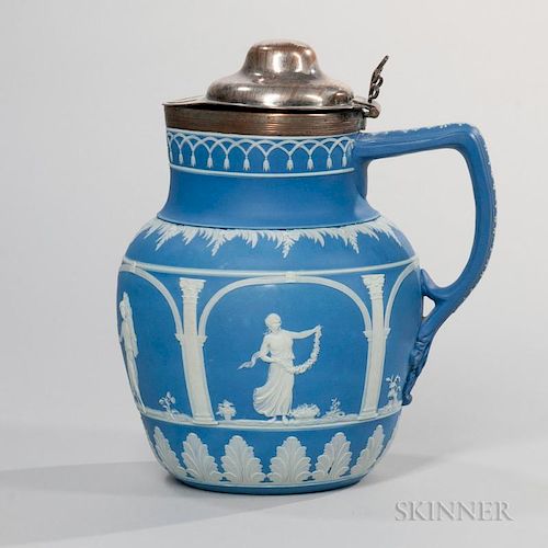 Adams Blue Jasper Dip Jug, England, late 18th century, bulbous form with silver-plated rim and hinged lid, the body decorated