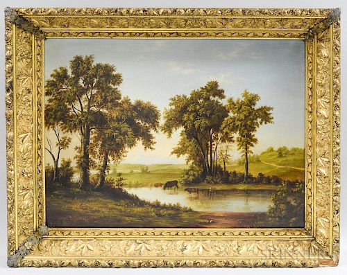 American School, 19th Century  Landscape with Cows. Initialed and dated "AMK 87" l.l. Oil on canvas, 19 1/2 x 26 1/2 in., fra