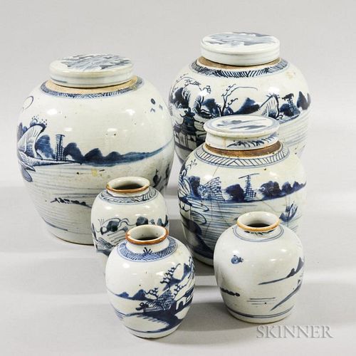 Three Canton Porcelain Covered Ginger Jars and Three Small Vases, (restoration), ht. to 9 1/2 in.