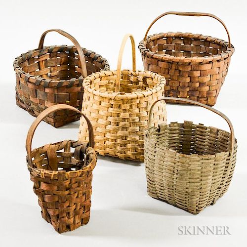 Five Small Woven Splint Handled Baskets, ht. to 6 1/2 in.