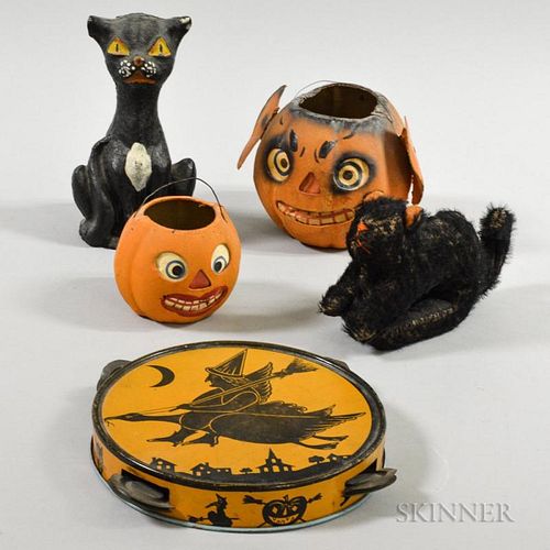 Five Halloween-related Items, two black cat, two pumpkin-form baskets, and a witch tambourine.