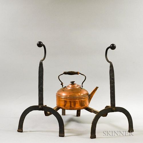 Pair of Wrought Iron Gooseneck Andirons and a Copper Teakettle, ht. to 23 in.