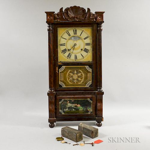 Carved and Reverse-painted Mahogany Shelf Clock, ht. 38, wd. 18, dp. 6 in.