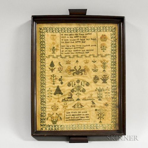 Framed Needlework Sampler "Jane Evetts," 1821, wrought in silk, with plants and animals, and a pious verse, mounted as a tray