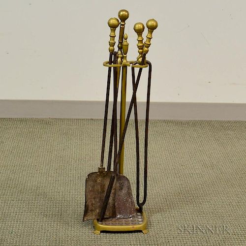 Four Brass Belted Ball-top Fireplace Tools and a Stand, ht. to 31 in.