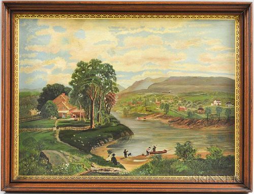 American School, 19th Century  River Scene with a Homestead. Unsigned. Oil on canvas, 21 1/2 x 29 1/2 in., framed. Condition: