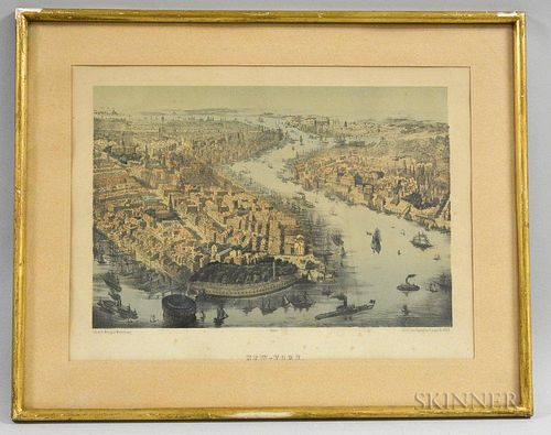 Framed German Lithography of New York Harbor, ht. 16 1/2, wd. 20 3/4 in.