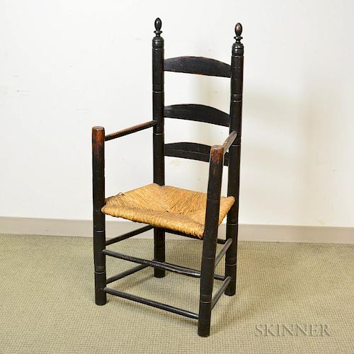 Early Black-painted Slat-back Armchair, 18th century, (restoration), ht. 48 in.