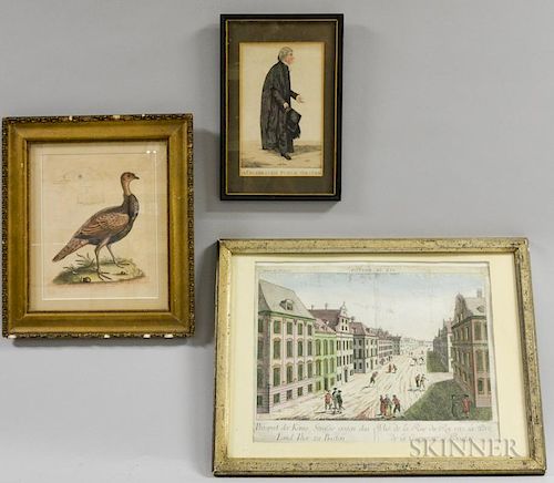 Three Framed Engravings, including a George Edwards of a turkey, a French Vue de Boston, and A Celebrated Public Orator.