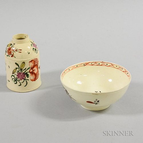 Two Floral-decorated Creamware Items, ht. to 4 1/2 in.