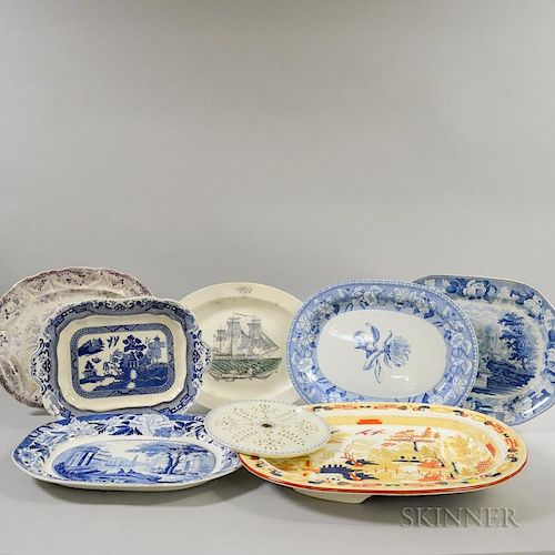Eight English Transfer-decorated Ceramic Platters, lg. to 19 in.
