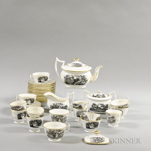 Thirty-four Black Transfer-decorated Ceramic Teaware Items.