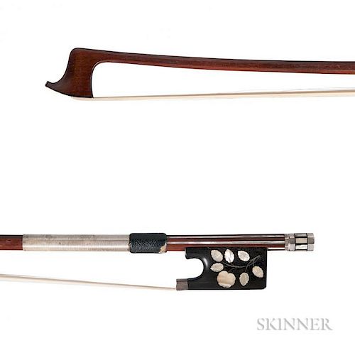 Silver-mounted Violoncello Bow, Christian Wilhelm Knopf, c. 1830, the octagonal stick unstamped, the inlaid frog and handle, 