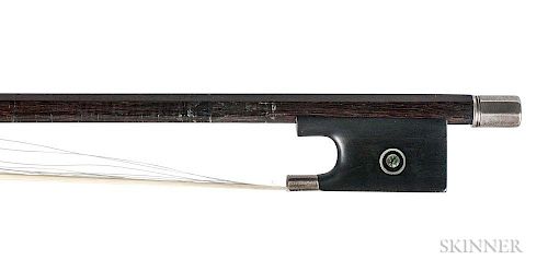 English Silver-mounted Violoncello Bow, possibly composite, the octagonal stick unstamped, the frog stamped DODD, weight 75.8