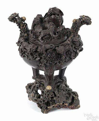Chinese carved soapstone censer with foo lion decoration, 19 3/4'' h.