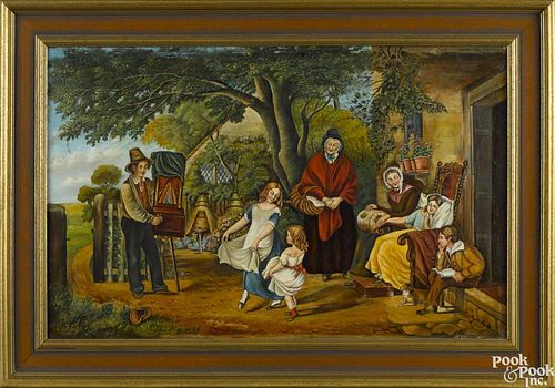 Continental oil on canvas landscape, 19th c., with a family gathered around a gentleman