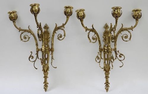 PR 20C. French Brass Torch 3 Arm Wall Sconces