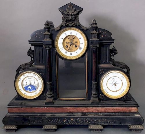 Large, Ornate Clock with Moon Dial & Barometer