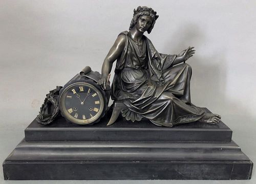 Large French Bronze Clock with Seated Figure