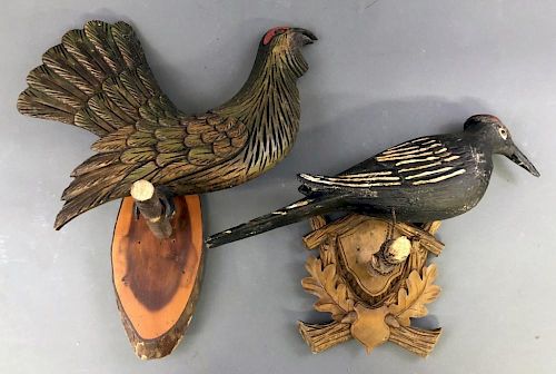 Carved Blackbird and Rooster Wall Hangers