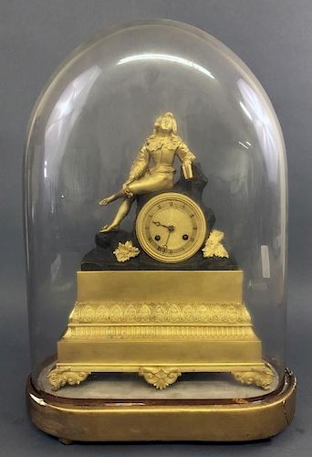 French Brass and Metal Clock in Glass Dome