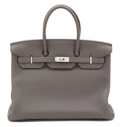 An Hermes Etain Taurillon Clemence 35cm Birkin Handbag, 14" x 10" x 7"; top handle