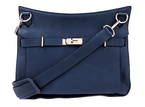 An Hermes Brighton Blue Taurillon Clemence 37cm Jypsiere Handbag, 14.5" x 11.5" x 6.3"; Strap drop: 18.5"- 22".