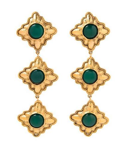 A Pair of Chanel Goldtone and Green Gripoix Earclips, 4" x 1.5".