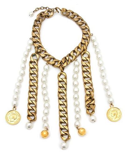 A Chanel Brushed Goldtone and Faux Pearl Necklace, Chain: 16"; Strands: 6.5" - 7.5".