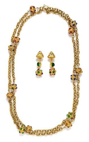 A Chanel Goldtone and Gripoix Demi Parure, Necklace: 67"; Earclips: 2.5".