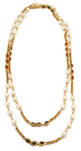 A Chanel Faux Pearl and Gripoix Demi Parure, Earclips: 1" diameter; Necklace: 82".