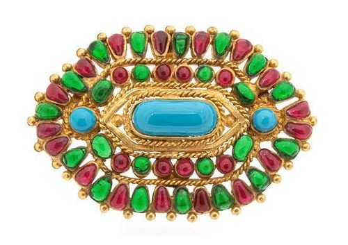 A Chanel Multicolor Gripoix and Goldtone Brooch, 3" x 2.5".