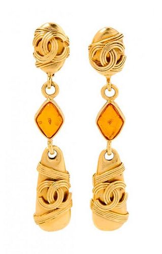 A Pair of Chanel Goldtone Drop Earclips, 3.75" x .5".