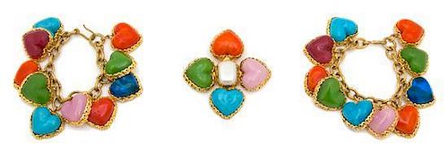 A Chanel Mutlicolor Glass and Goldtone Heart Demi Parure, Bracelets: 7" x 1.5"; Brooch: 3" diameter.