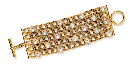 A Chanel Goldtone Link and Rhinestone Bracelet, 8" x 2.5".