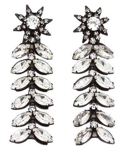 A Pair of Miriam Haskell Rhinestone Drop Earclips, 3.5" x 1".