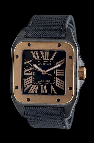 A Carbon Steel and 18 Karat Pink Gold Ref. 2656 'Santos 100' Wristwatch, Cartier,
