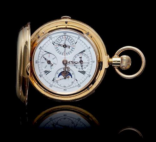 An 18 Karat Yellow Gold Hunter Case Perpetual Calendar Moonphase Chronograph Repeater Pocket Watch, Jules Huguenin Locle,
