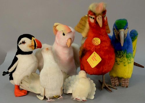 Group of six Steiff stuffed animals to include two parrots, pigeon, white dove, Sammlungen pheasant, and a puffin.