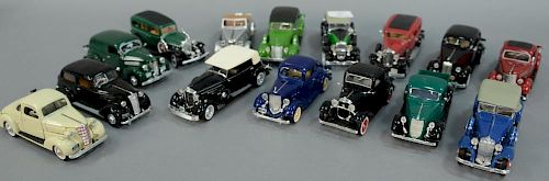 Group of fifteen 1930's model cars including 1936 Ford Deluxe five window coupe, 1937 Chevrolet Master, 1933 Cadillac Fleetwo
