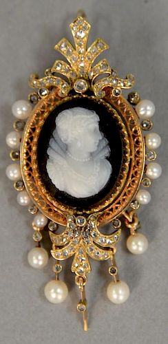Victorian stone cameo, set in gold mounted with rose cut diamonds and pearls (bottom center pearl missing). ht. 2in.