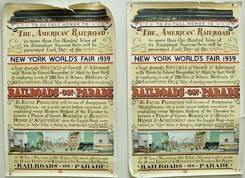 Two posters/lithographs New York World's Fair 1939 and The American Railroads on Parade by Masters. 41" x 27"
