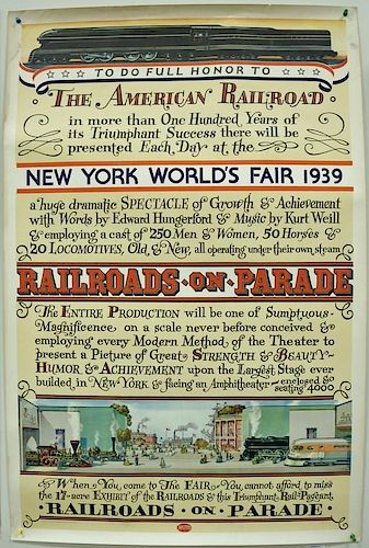 New York World's Fair 1939 lithograph poster, The American Railroad, Railroads on Parade by Masters. 27" x 41"