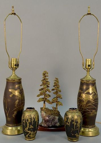 Fivepiece Asian group to include a pair of small satsuma black with gilt decorated vases (ht