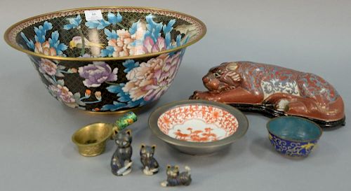 Eight cloisonne enameled pieces including a large center flower bowl (ht