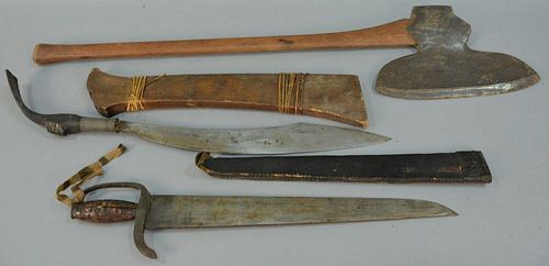 Three piece lot to include two swords with carved handles and sheaths (lgs