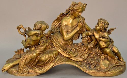 Figural bronze group having central classical woman flanked by putti figure on each side, signed illegibly, dated 1855, 19th