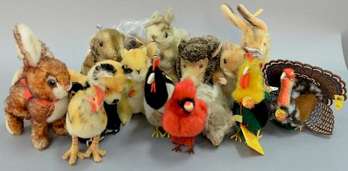Group of fifteen Steiff mohair stuffed animals to include a boar with ear tag, hare with all tags, rabbit with no tags, mouse