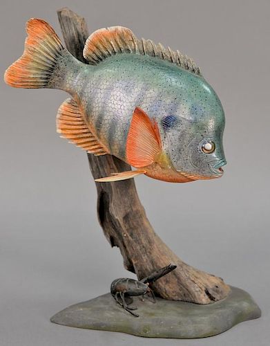 Gallagher Bull Blue Gille Decoy sculpture, carved wood and painted fish with crayfish, signed W. Gallagher. ht. 13in.